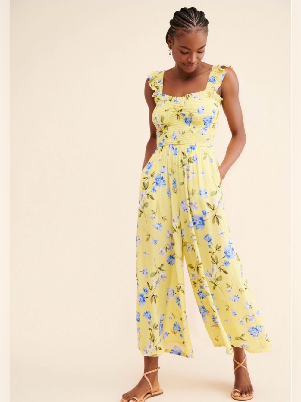 Yumi Kim Leanne Floral Smocked Jumpsuit Slow Dance Yellow Wide Leg Romper